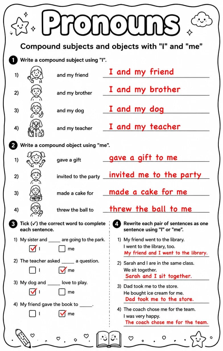 Answer key for Compound subjects and objects with "I" and "me" — free printable English & Reading worksheet