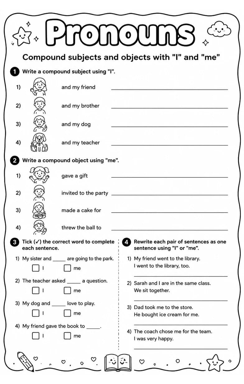 Compound subjects and objects with "I" and "me" — free printable Grammar and mechanics English worksheet