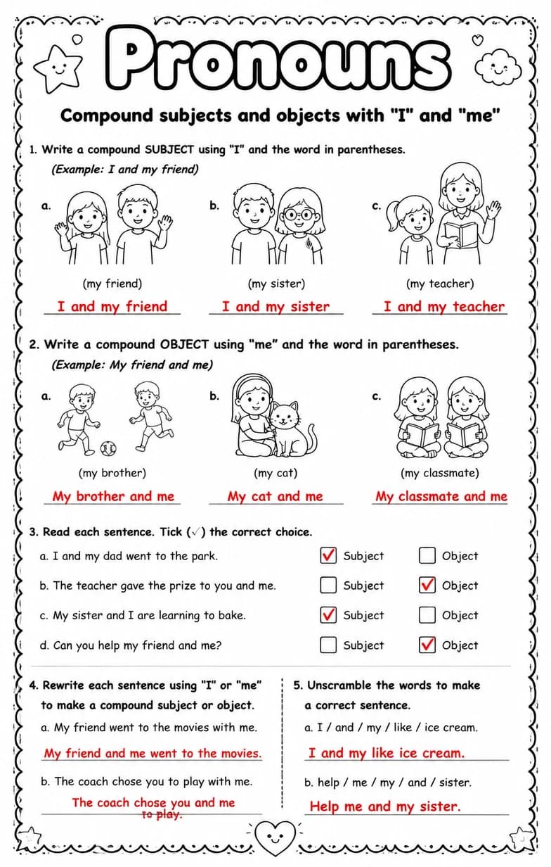 Answer key for Compound subjects and objects with "I" and "me" — free printable English & Reading worksheet