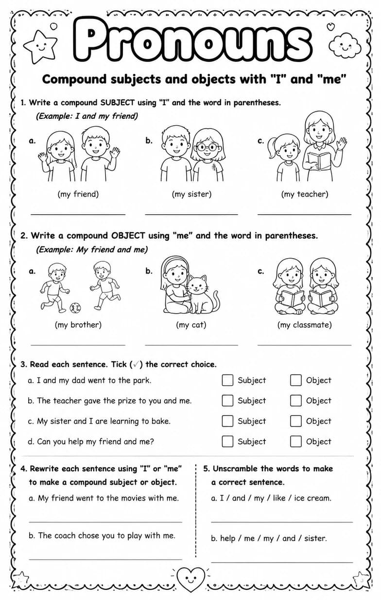 Compound subjects and objects with "I" and "me" — free printable Grammar and mechanics English worksheet