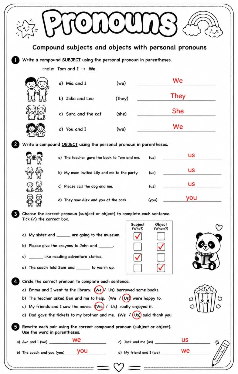 Answer key for Compound subjects and objects with personal pronouns — free printable English & Reading worksheet