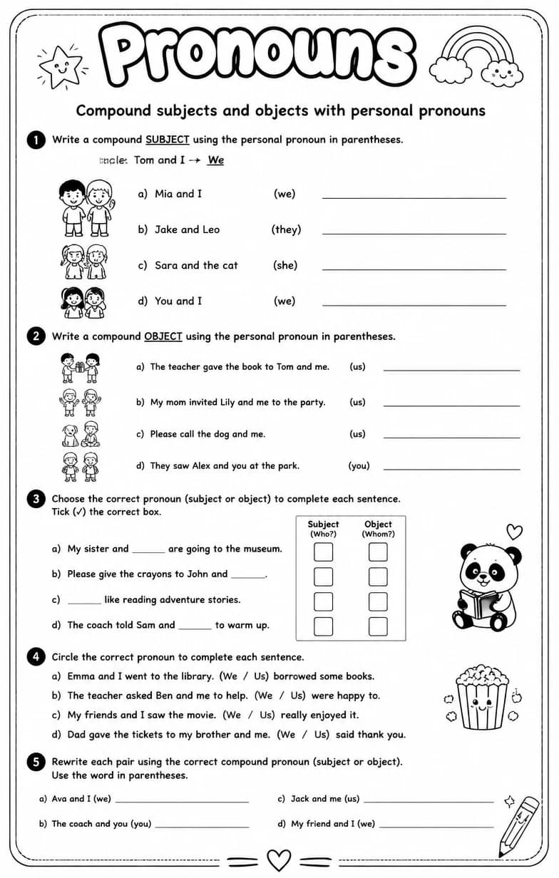Compound subjects and objects with personal pronouns — free printable Grammar and mechanics English worksheet