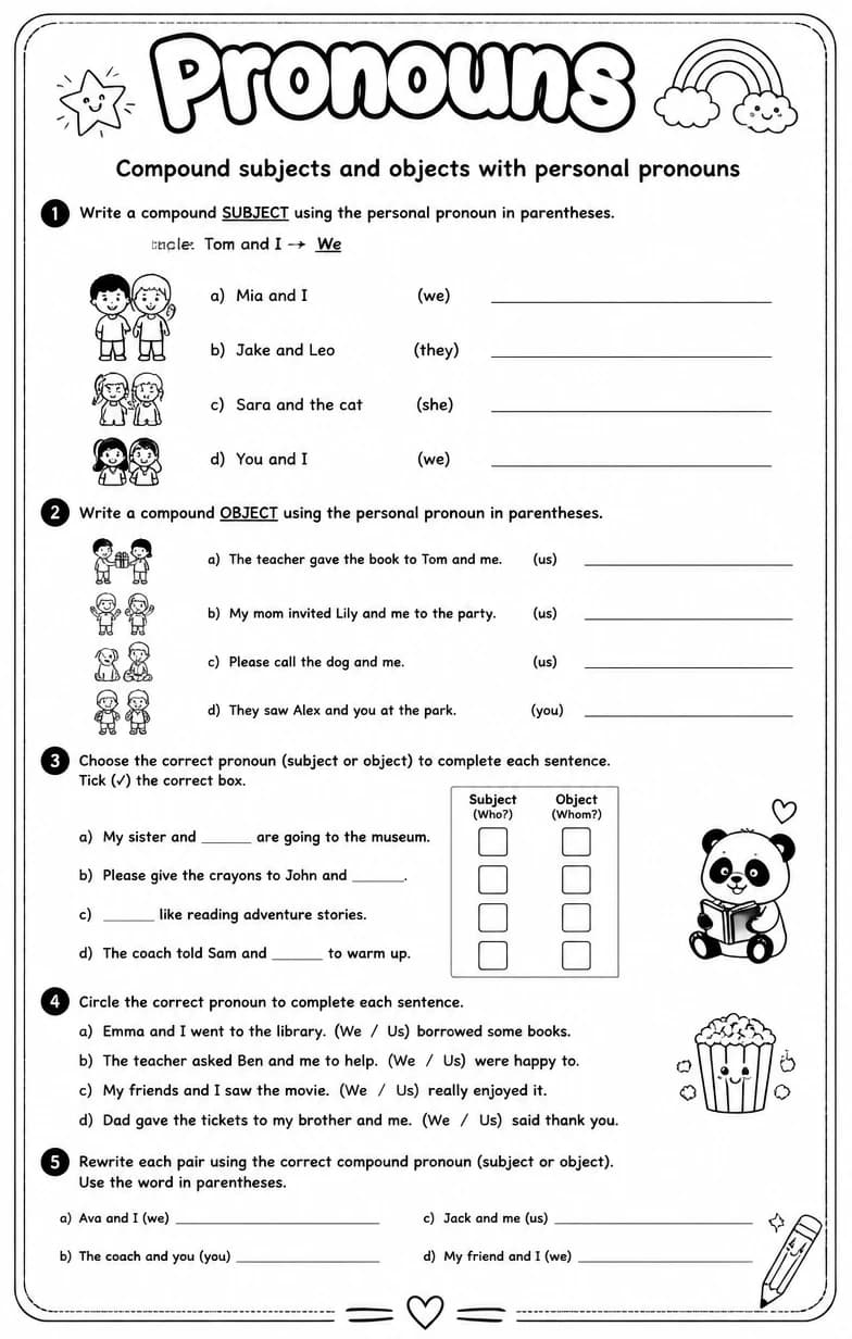 Compound subjects and objects with personal pronouns — free printable Grade 5 English & Reading worksheet
