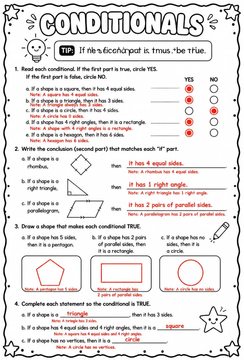 Answer key for Conditionals — free printable Math worksheet