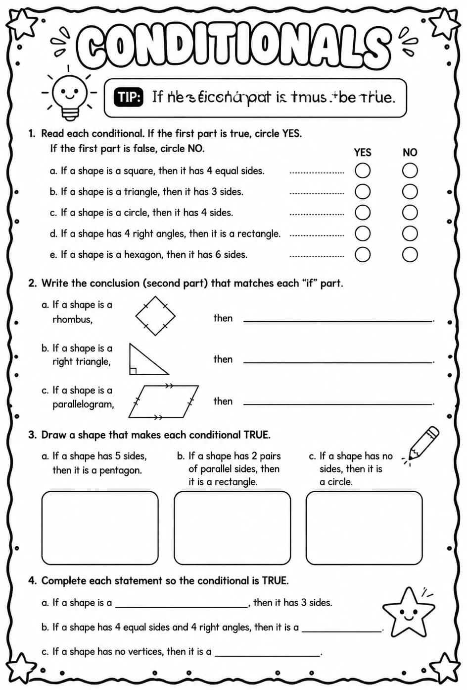 Conditionals — free printable Geometry math worksheet