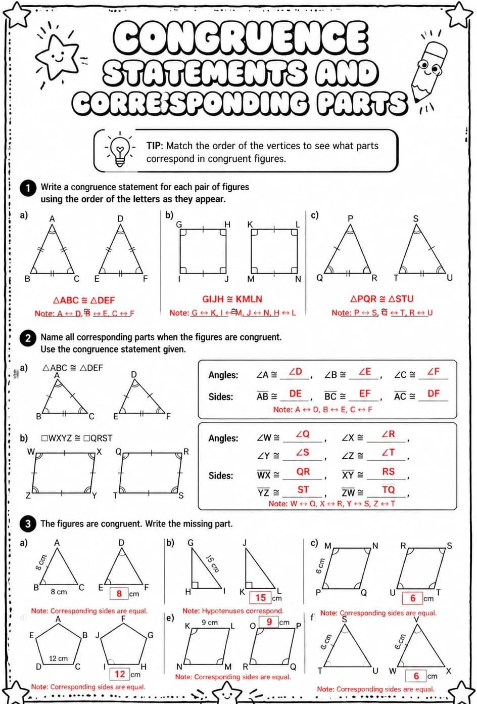 Answer key for Congruence statements and corresponding parts — free printable Math worksheet