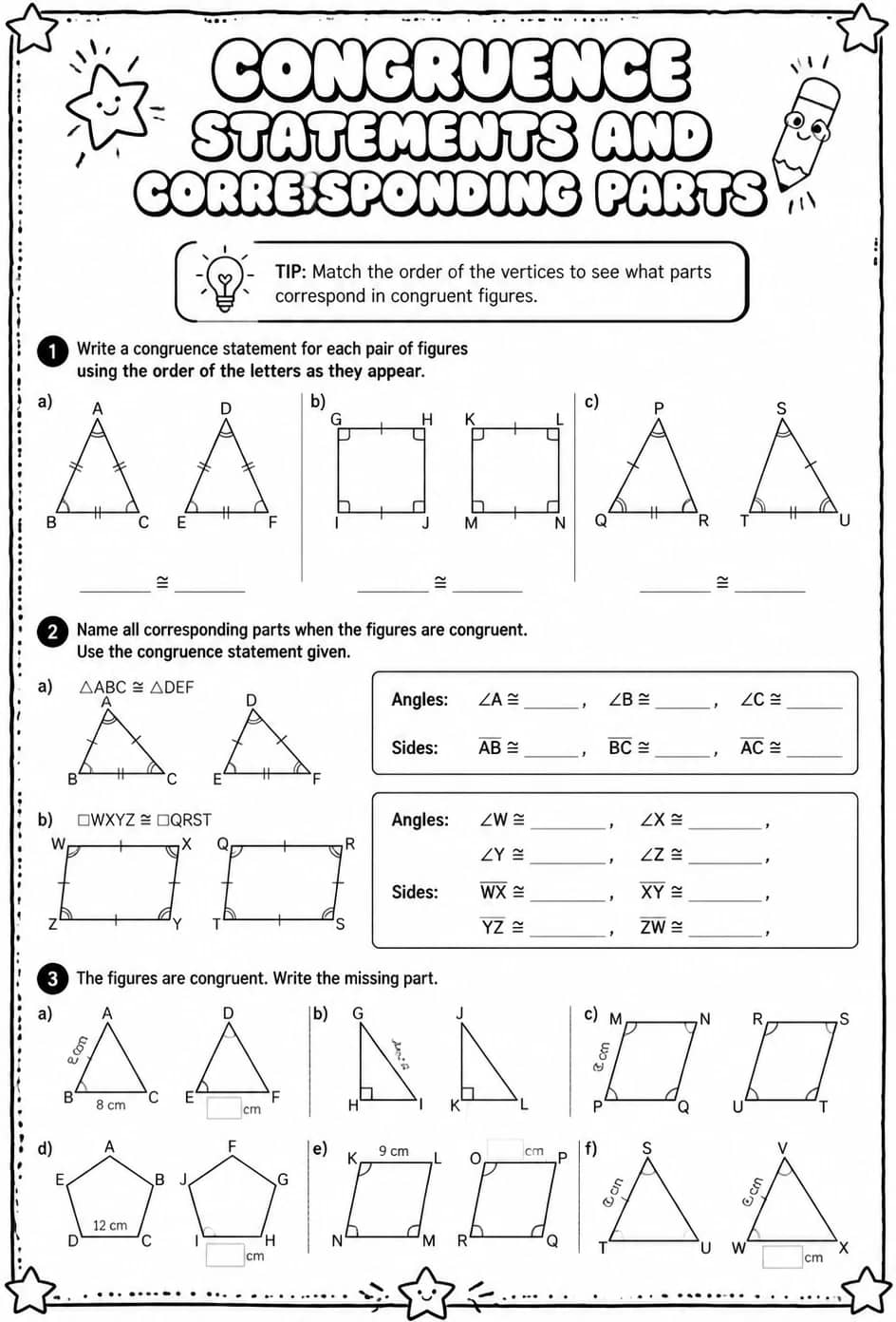 Congruence statements and corresponding parts — free printable Geometry math worksheet