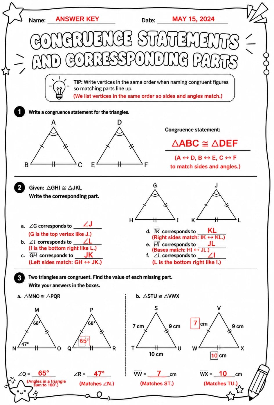 Answer key for Congruence statements and corresponding parts — free printable Math worksheet