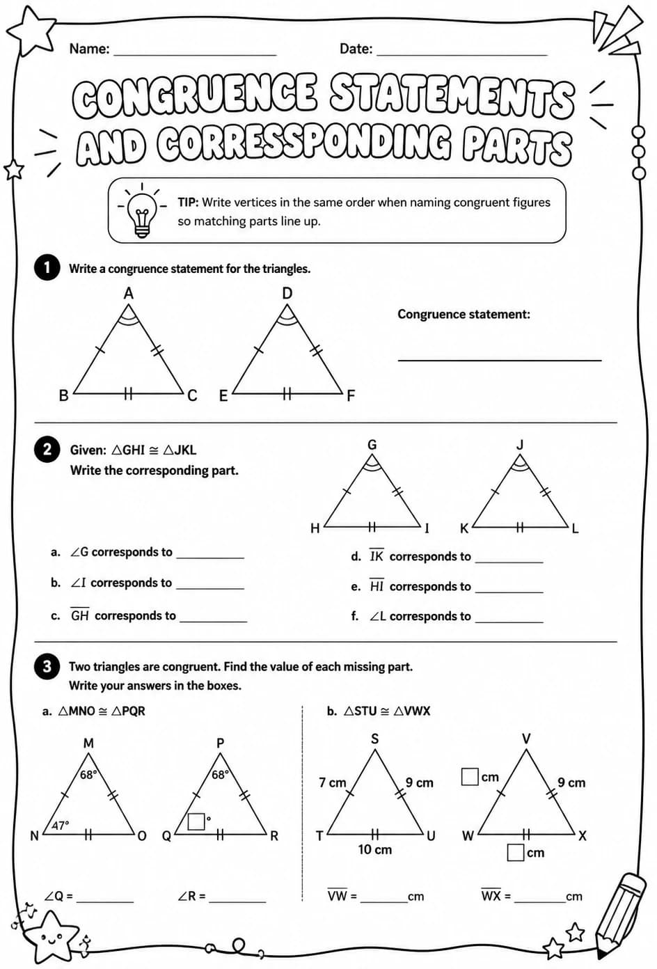 Congruence statements and corresponding parts — free printable Grade 7 math worksheet