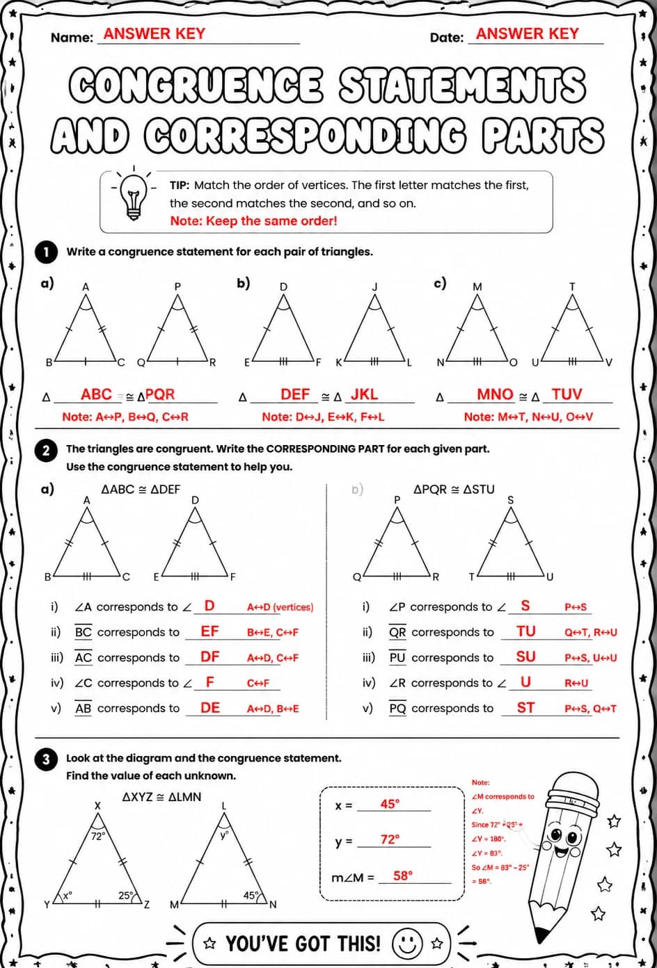 Answer key for Congruence statements and corresponding parts — free printable Math worksheet