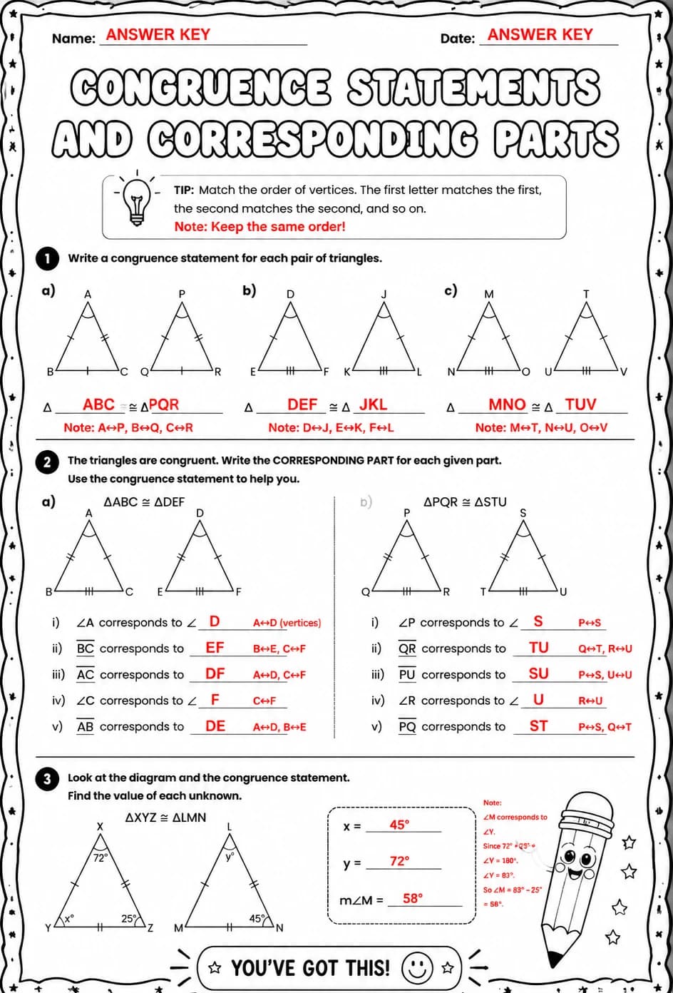 Answer key for Congruence statements and corresponding parts — free printable Math worksheet