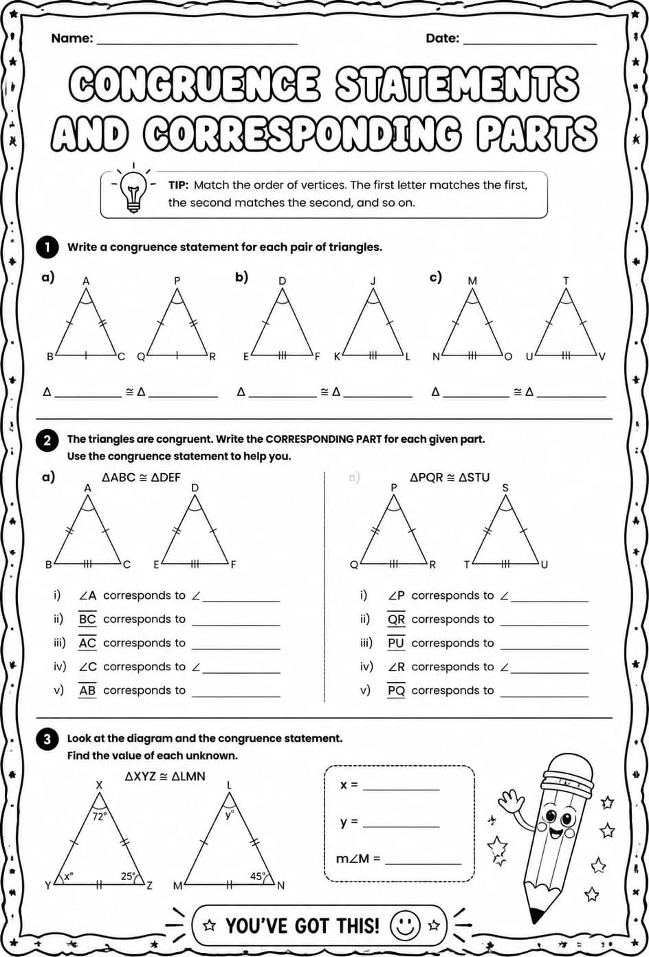 Congruence statements and corresponding parts — free printable Grade 8 math worksheet