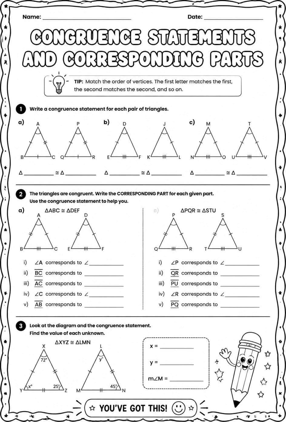 Congruence statements and corresponding parts — free printable Grade 8 math worksheet