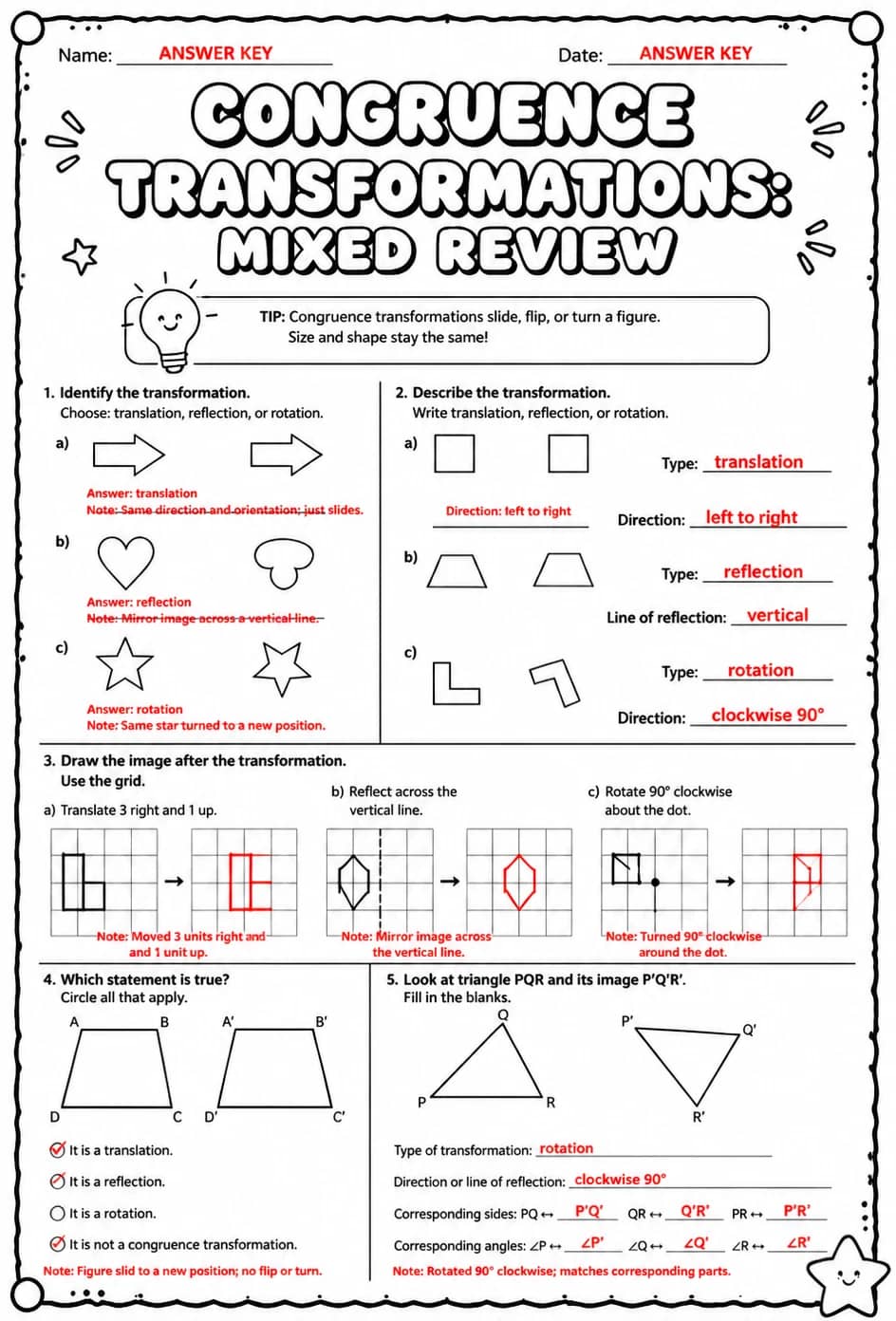 Answer key for Congruence transformations: mixed review — free printable Math worksheet