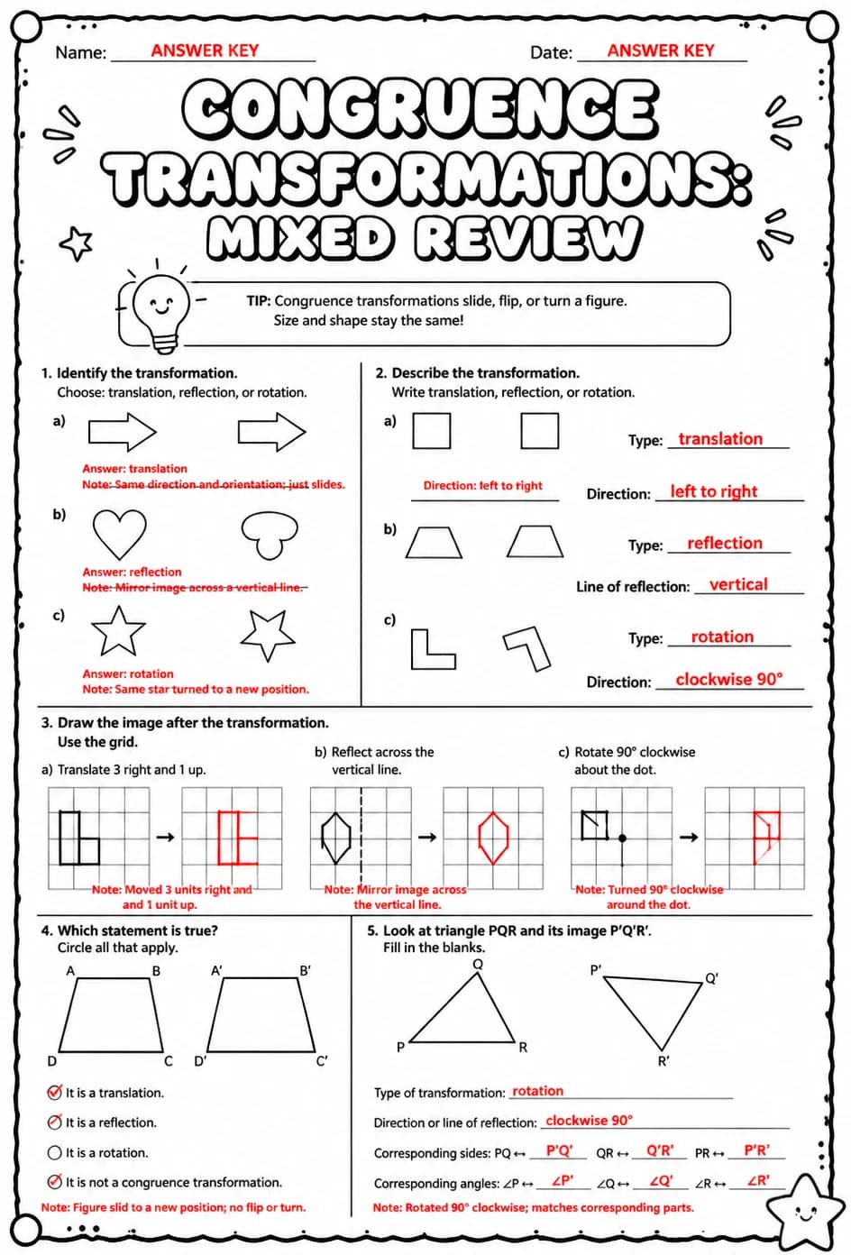 Answer key for Congruence transformations: mixed review — free printable Math worksheet