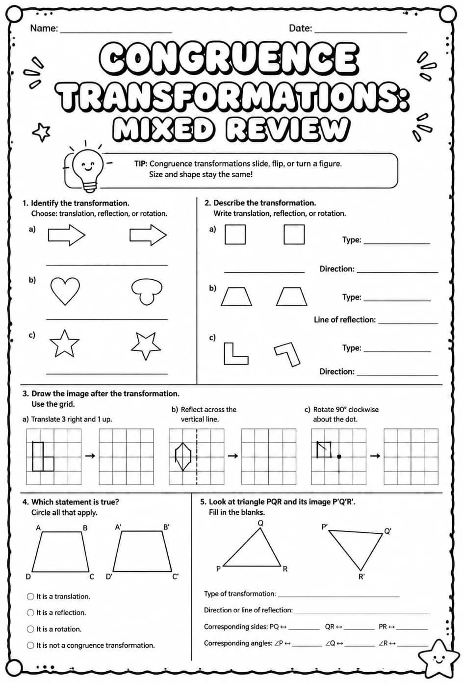 Congruence transformations: mixed review — free printable Geometry math worksheet
