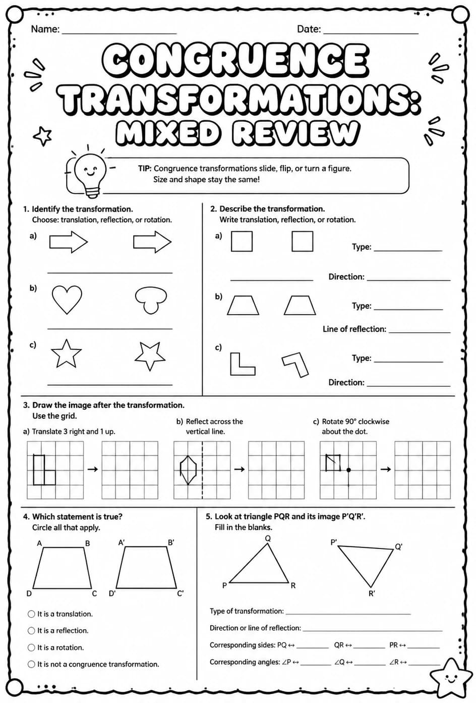 Congruence transformations: mixed review — free printable Geometry math worksheet