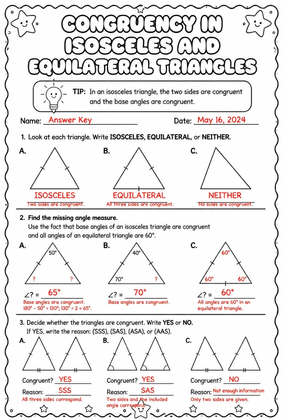 Answer key for Congruency in isosceles and equilateral triangles — free printable Math worksheet