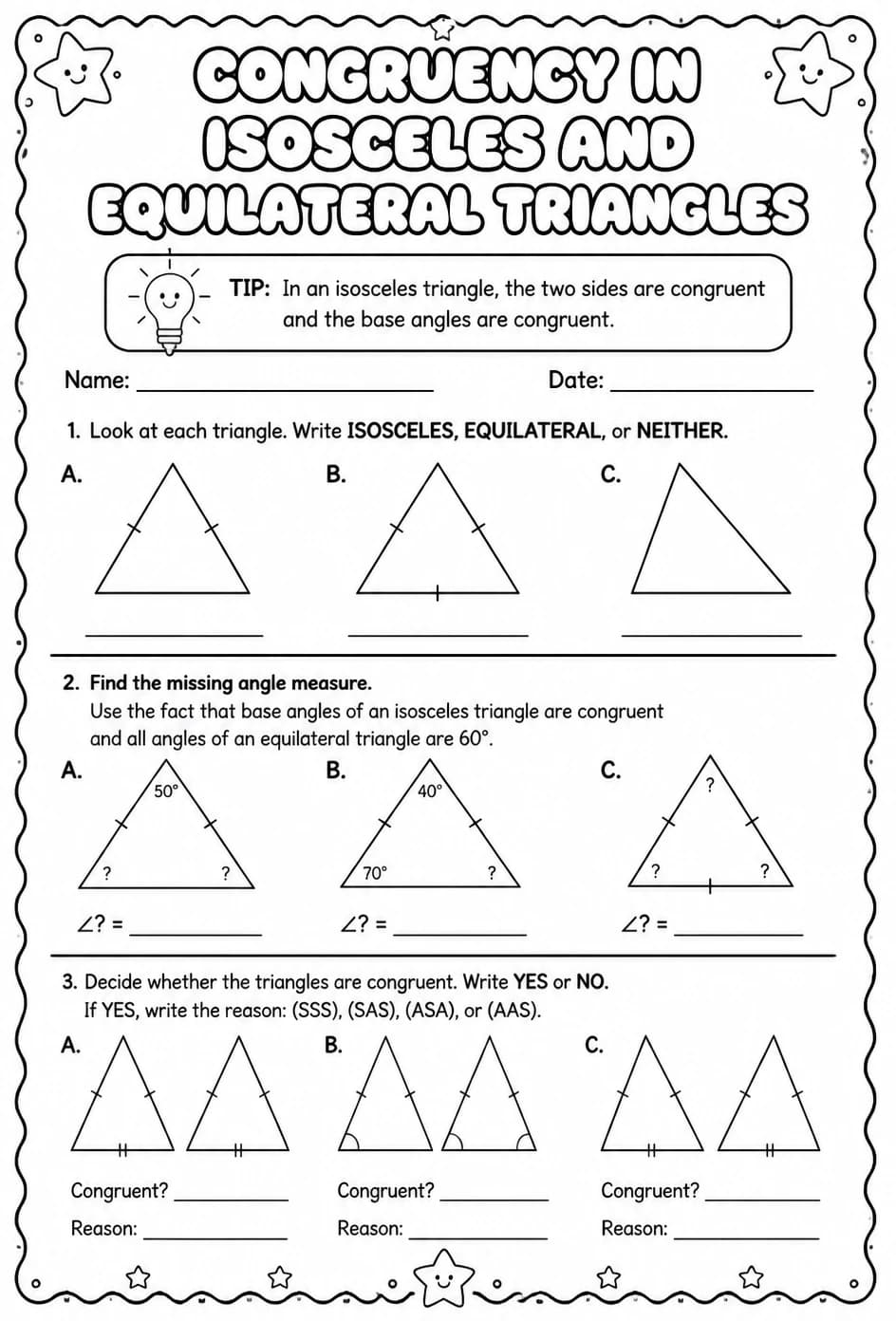 Congruency in isosceles and equilateral triangles — free printable Geometry math worksheet