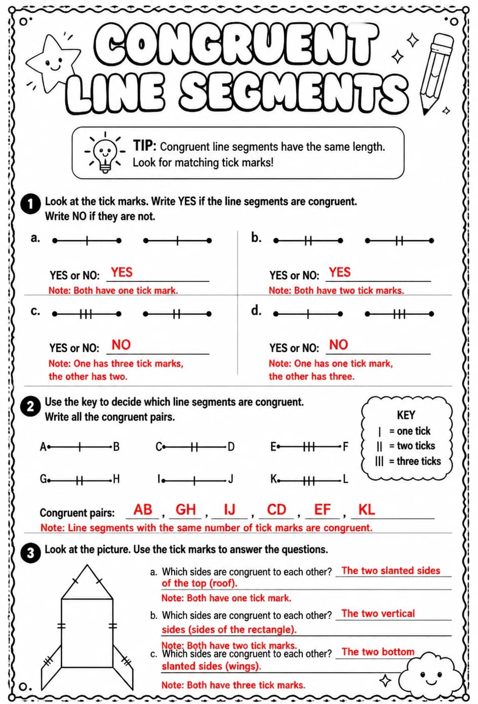 Answer key for Congruent line segments — free printable Math worksheet