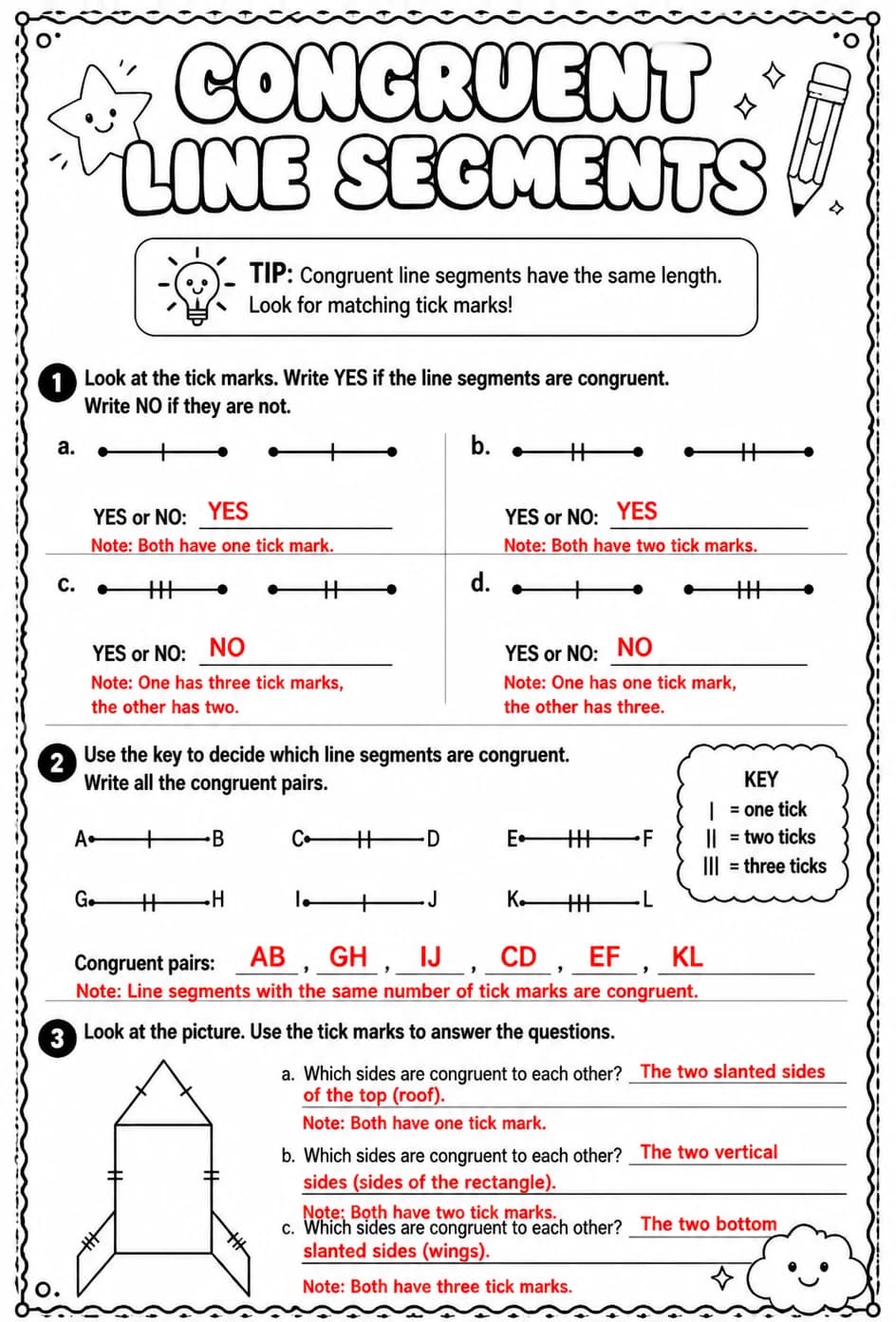 Answer key for Congruent line segments — free printable Math worksheet