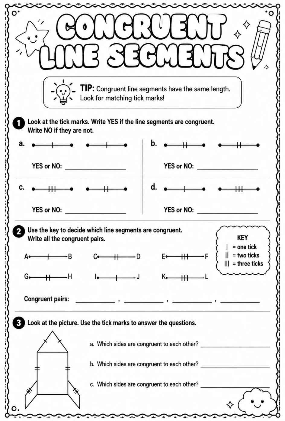 Congruent line segments — free printable Geometry math worksheet