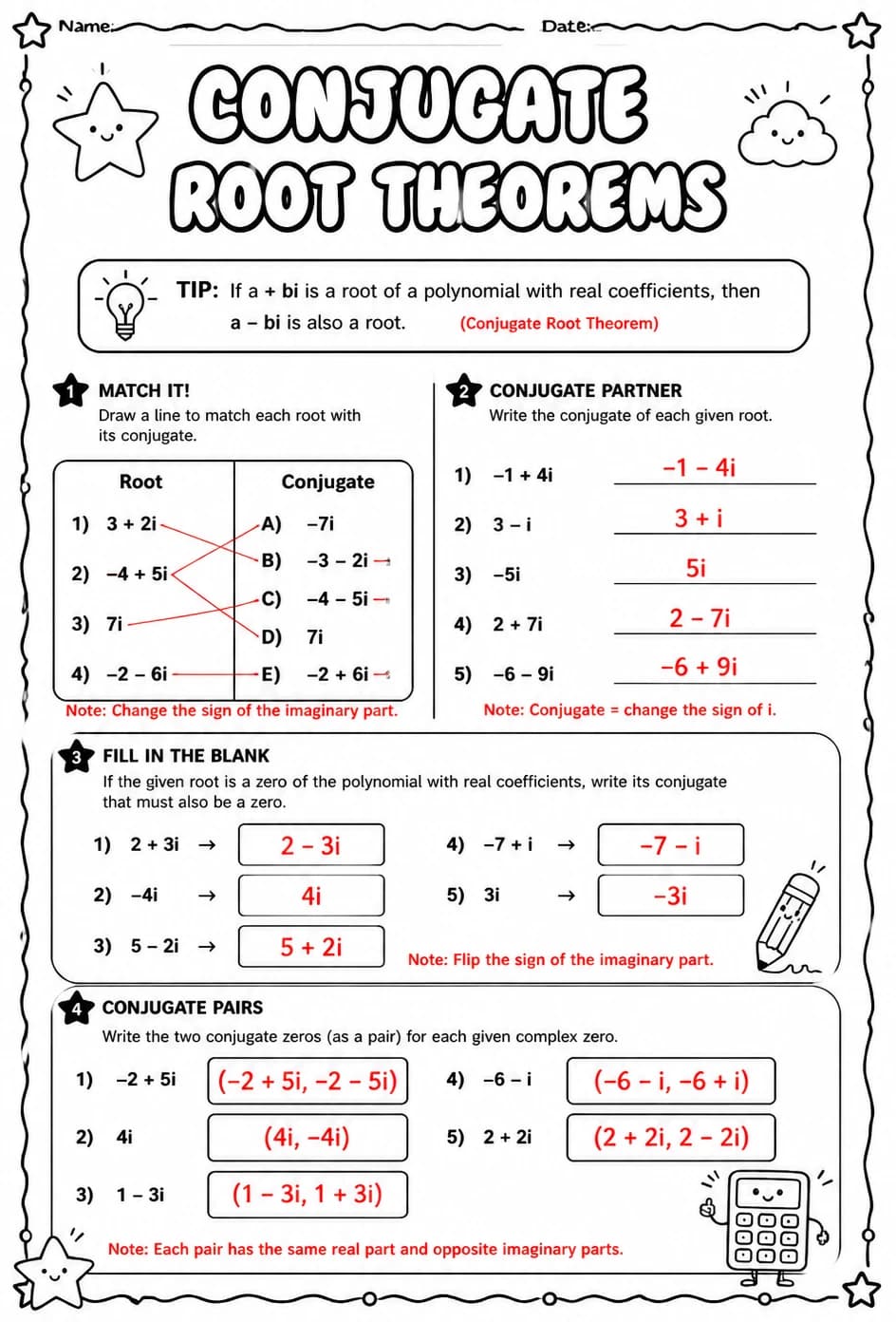 Answer key for Conjugate root theorems — free printable Math worksheet