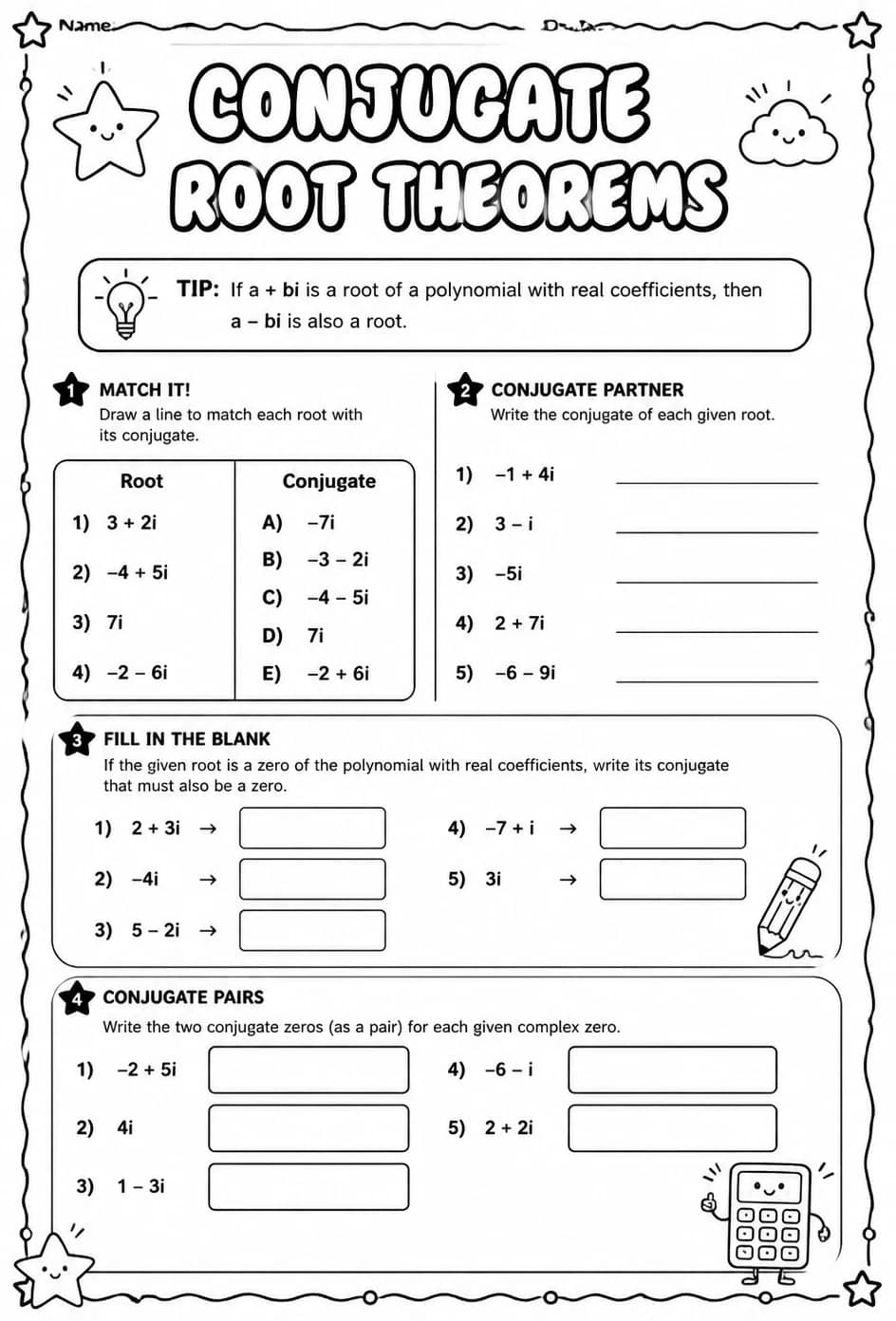 Conjugate root theorems — free printable Algebra 2 math worksheet