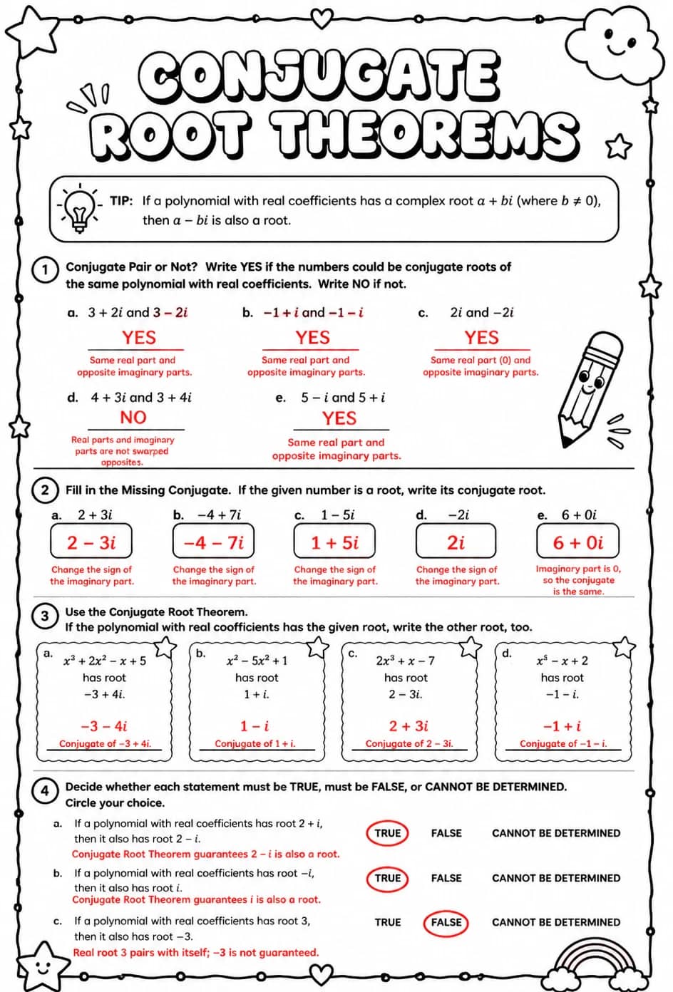 Answer key for Conjugate root theorems — free printable Math worksheet