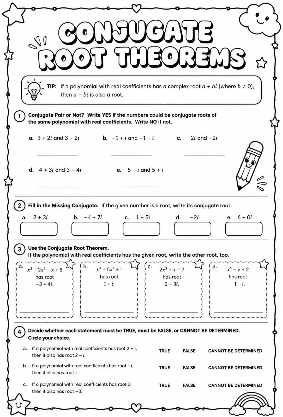 Conjugate root theorems — free printable Precalculus math worksheet