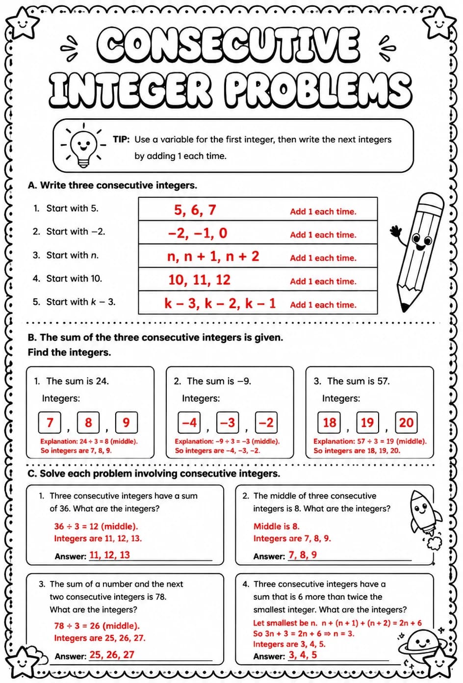 Answer key for Consecutive integer problems — free printable Math worksheet