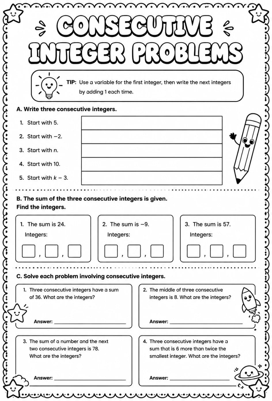 Consecutive integer problems — free printable Algebra 1 math worksheet