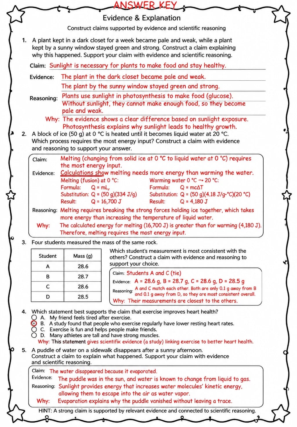 Answer key for Construct claims supported by evidence and scientific reasoning — free printable Science worksheet
