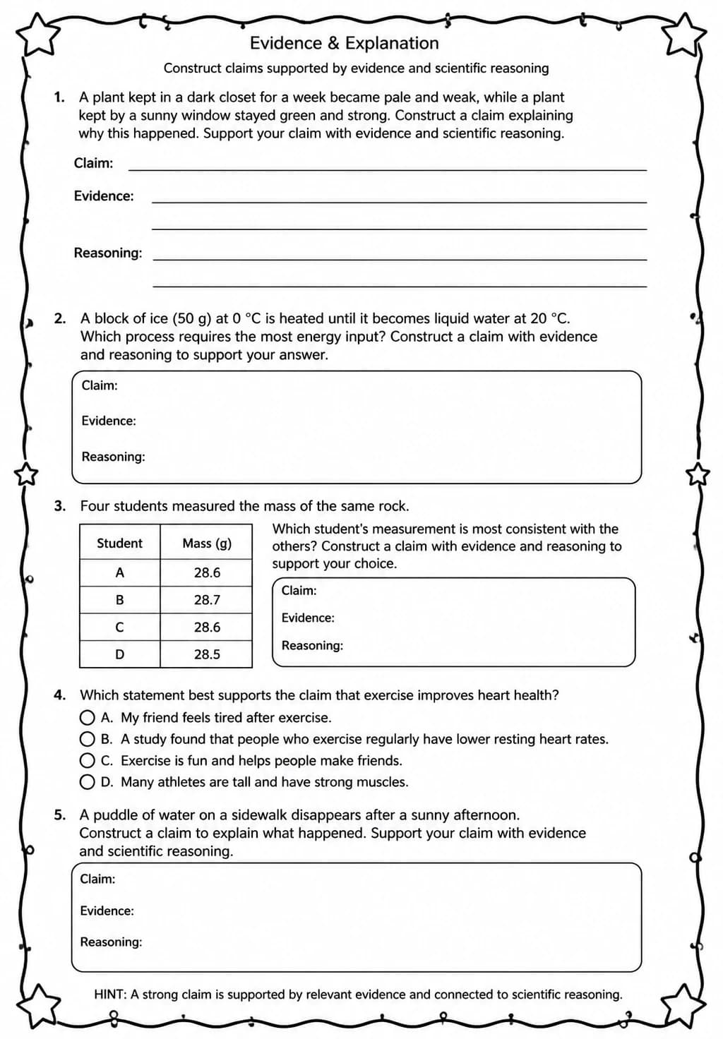 Construct claims supported by evidence and scientific reasoning — free printable High School Science worksheet