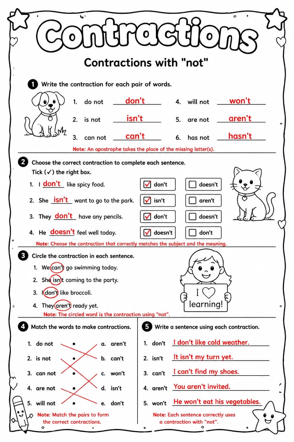 Answer key for Contractions with "not" — free printable English & Reading worksheet
