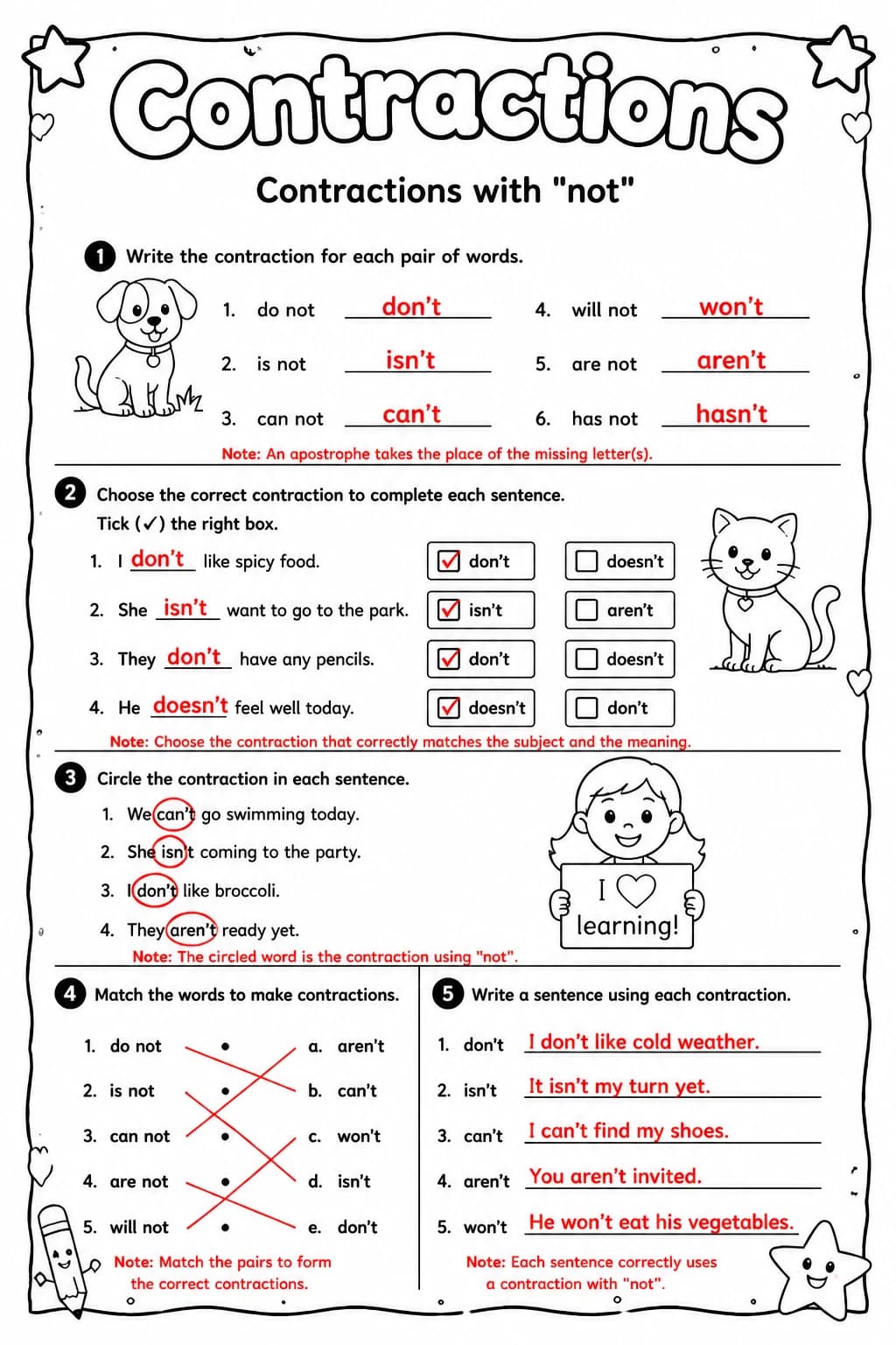 Answer key for Contractions with "not" — free printable English & Reading worksheet