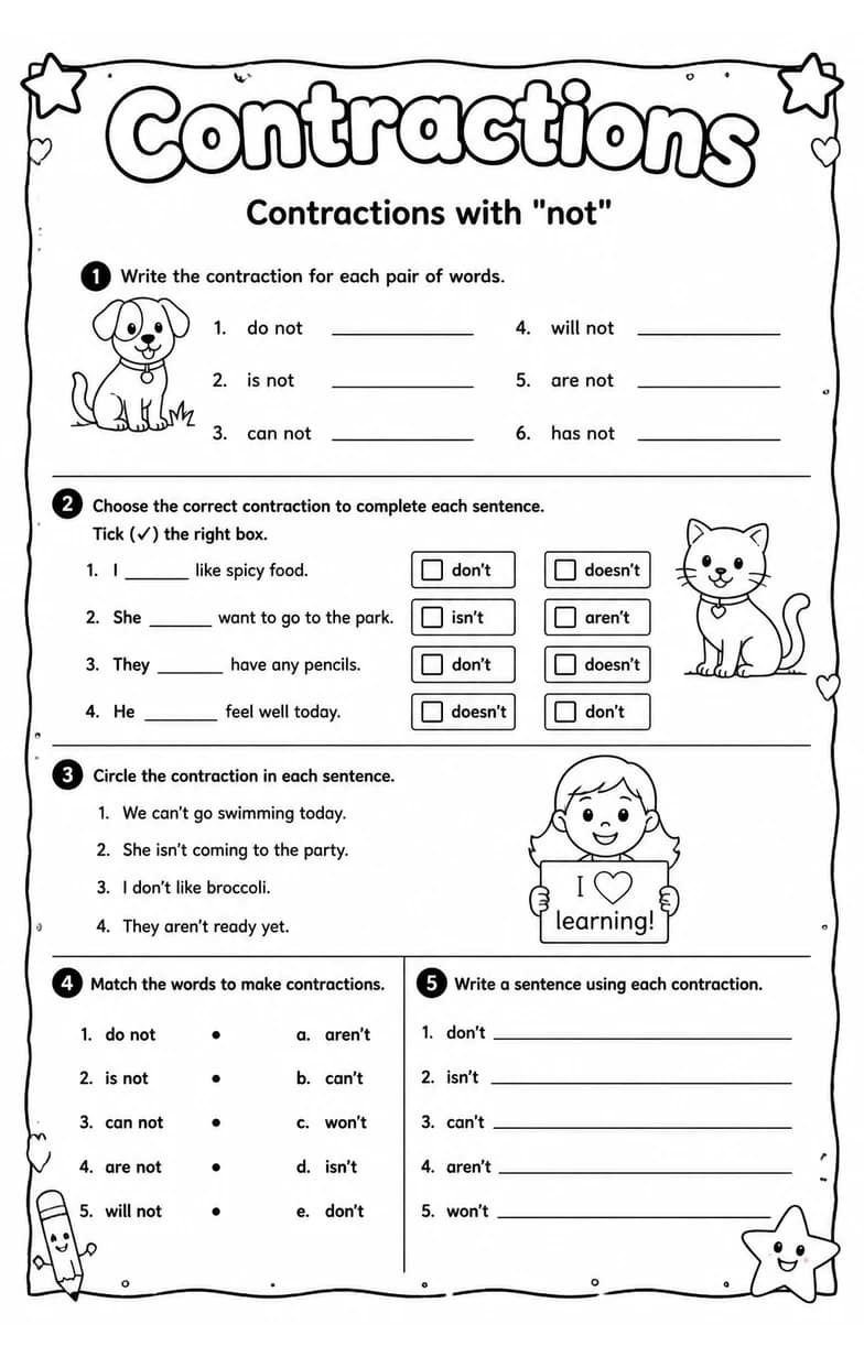 Contractions with "not" — free printable Grade 3 English & Reading worksheet
