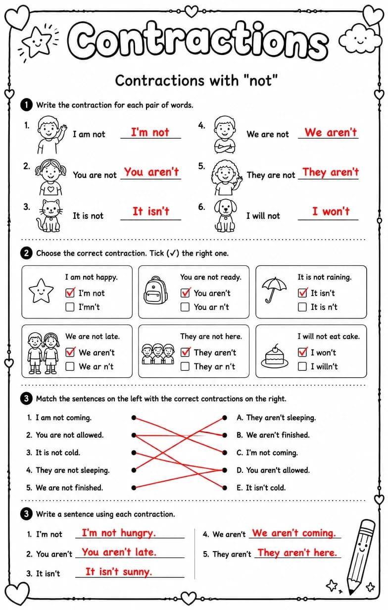Answer key for Contractions with "not" — free printable English & Reading worksheet