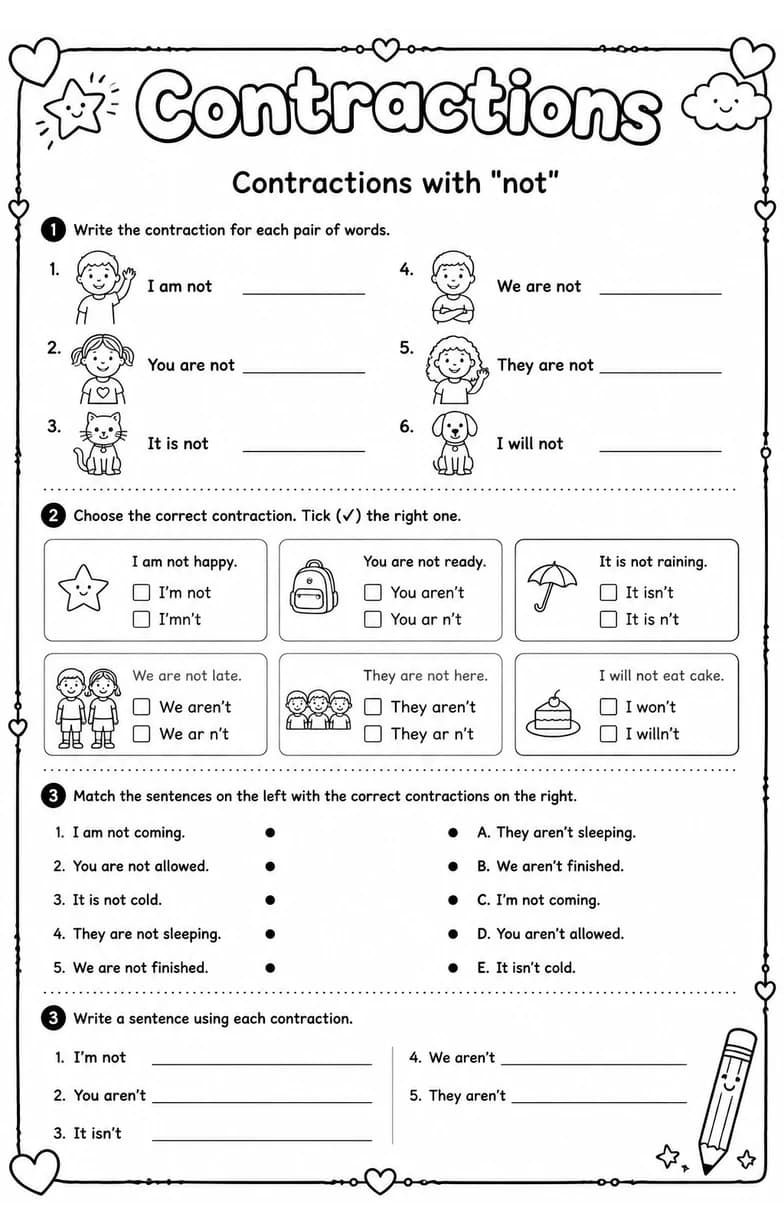 Contractions with "not" — free printable Grammar and mechanics English worksheet