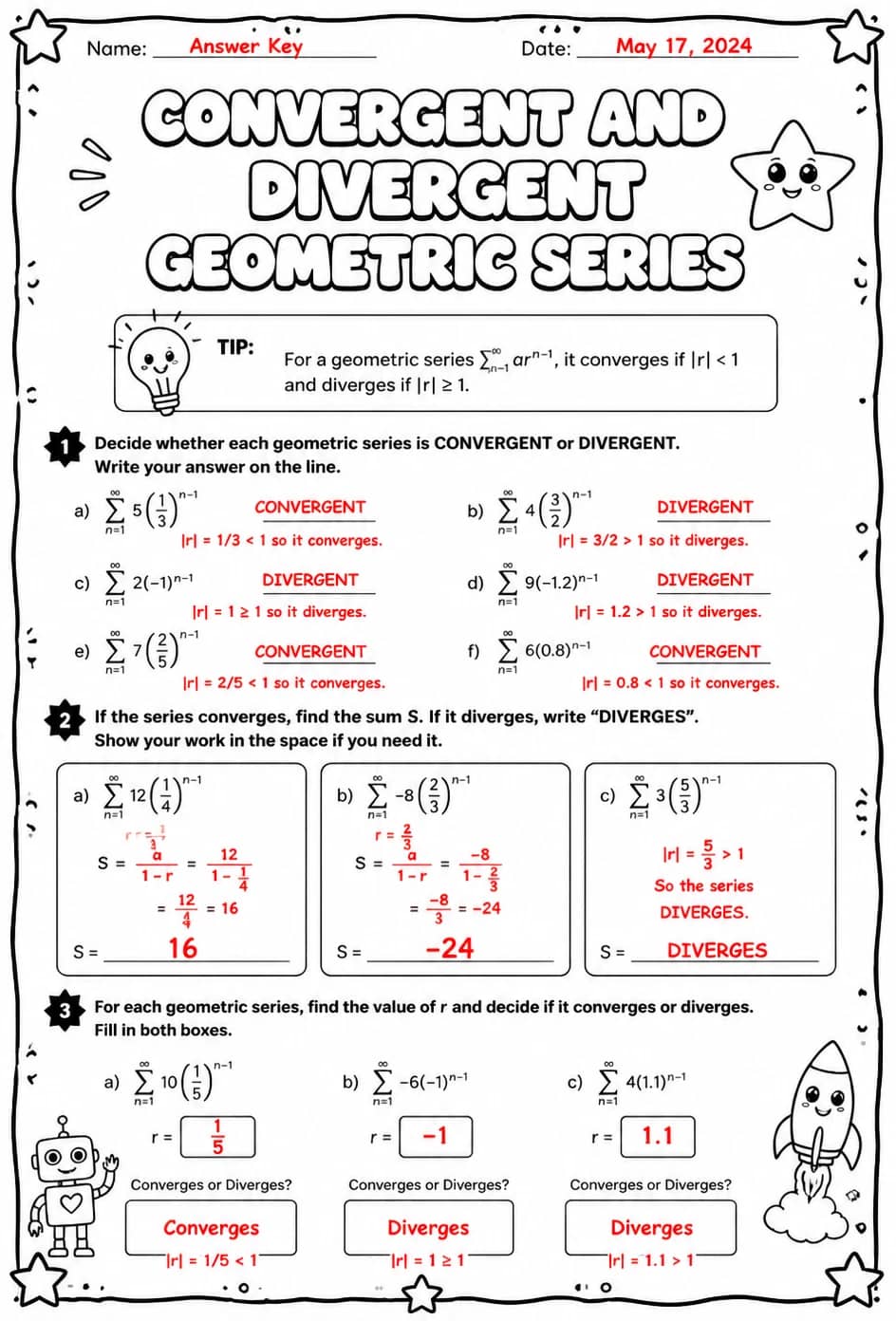 Answer key for Convergent and divergent geometric series — free printable Math worksheet