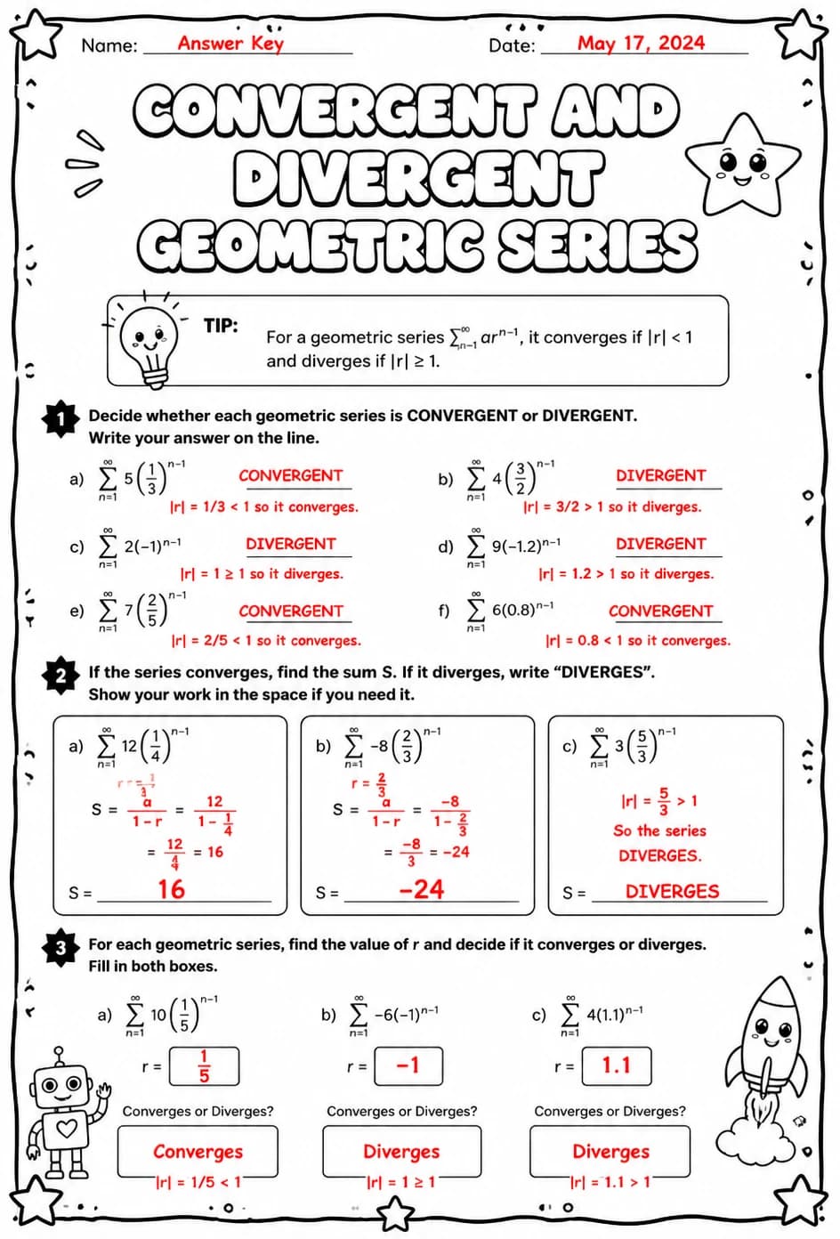 Answer key for Convergent and divergent geometric series — free printable Math worksheet