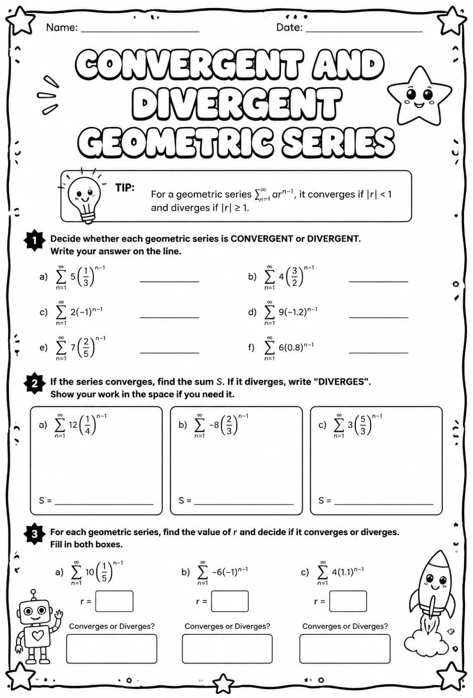 Convergent and divergent geometric series — free printable Algebra 2 math worksheet