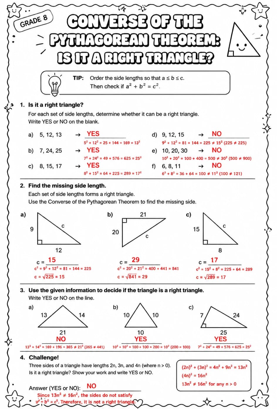 Answer key for Converse of the Pythagorean theorem: is it a right triangle? — free printable Math worksheet