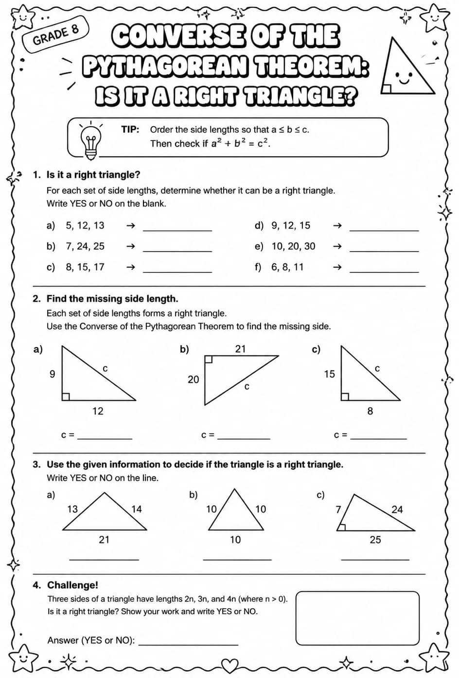 Converse of the Pythagorean theorem: is it a right triangle? — free printable Grade 8 math worksheet
