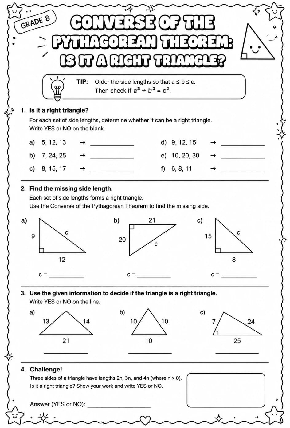 Converse of the Pythagorean theorem: is it a right triangle? — free printable Grade 8 math worksheet