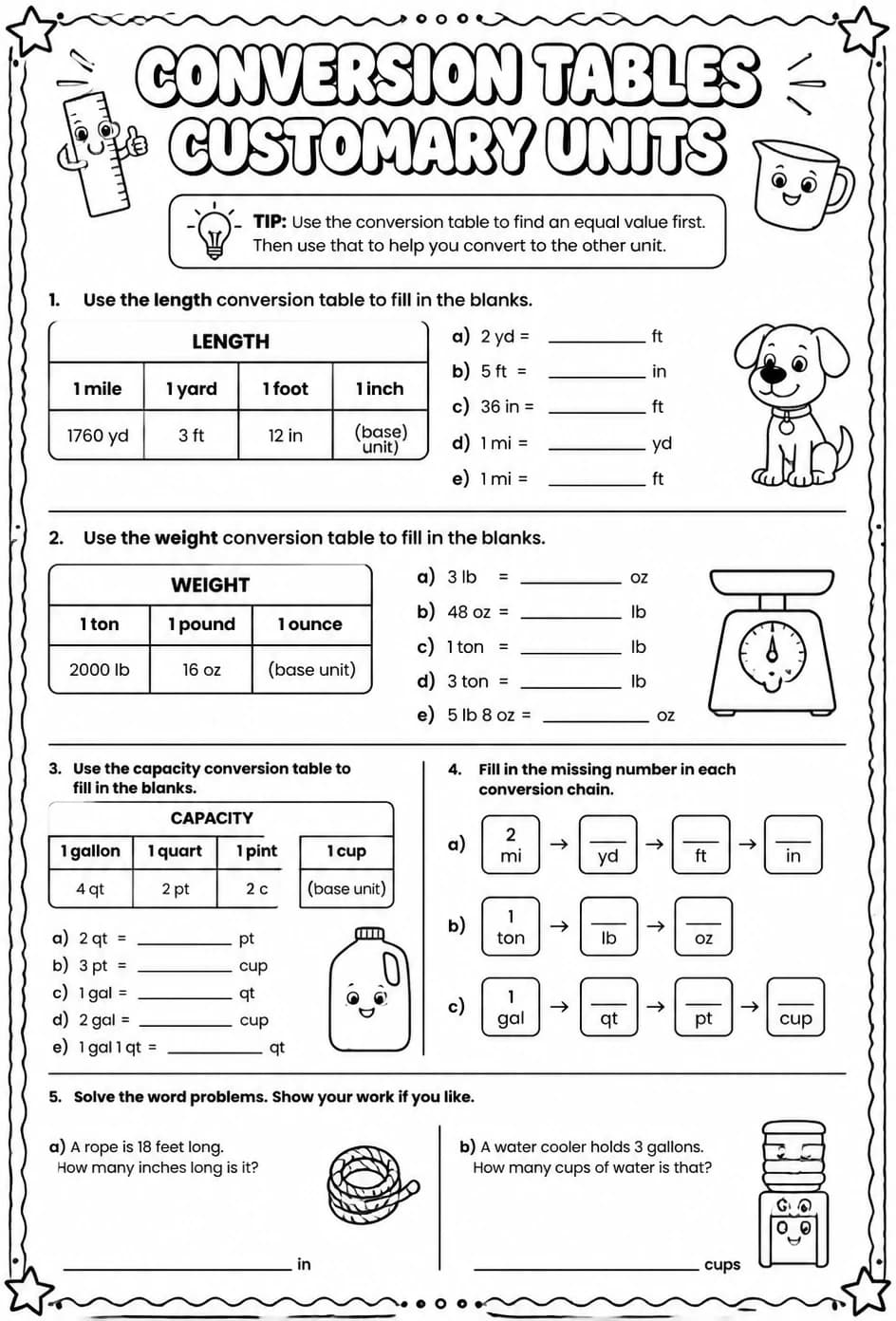 Conversion tables - customary units — free printable Grade 4 math worksheet