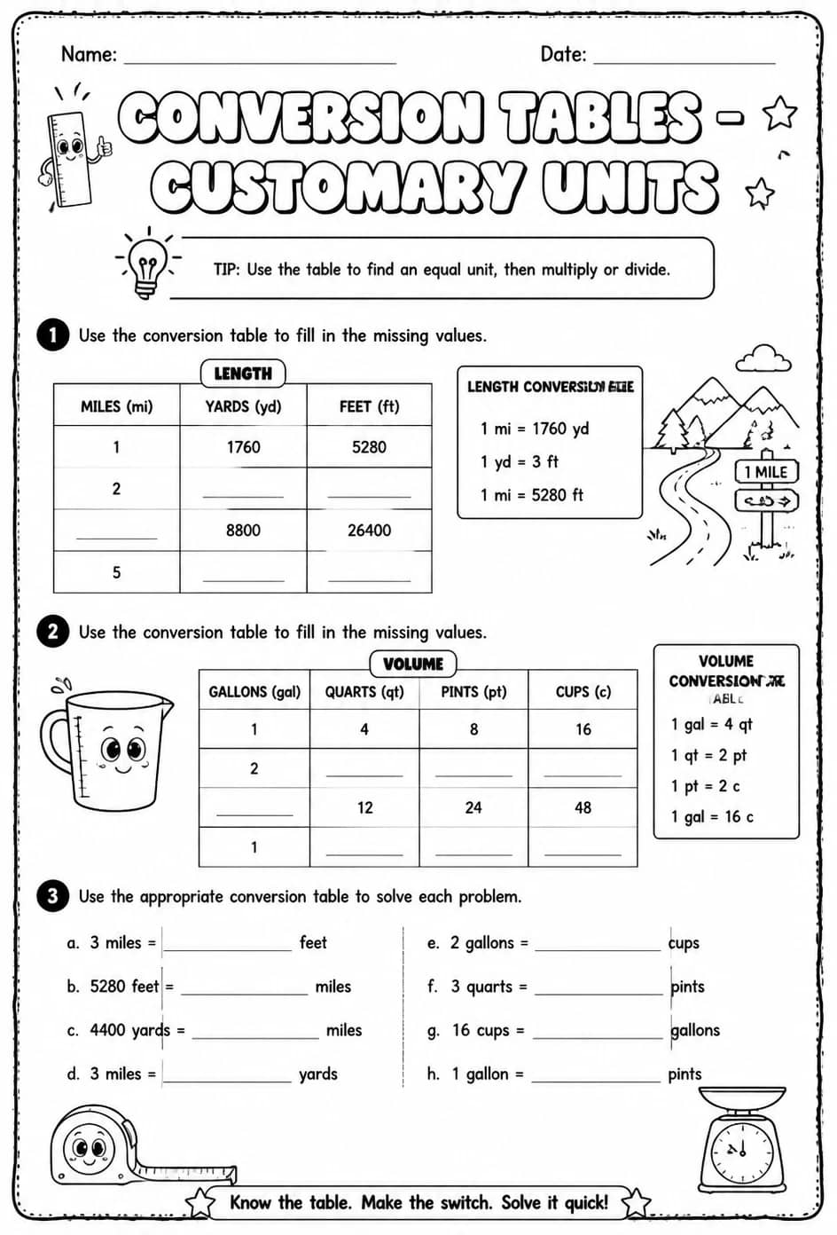 Conversion tables - customary units — free printable Grade 5 math worksheet