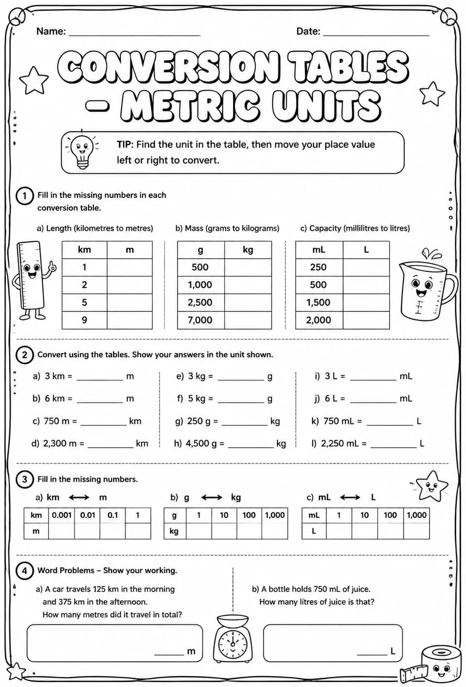 Conversion tables - metric units — free printable Grade 4 math worksheet
