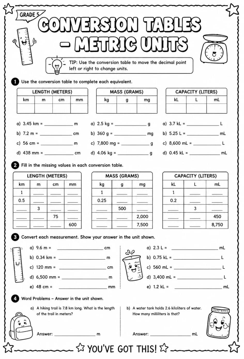 Conversion tables - metric units — free printable Grade 5 math worksheet