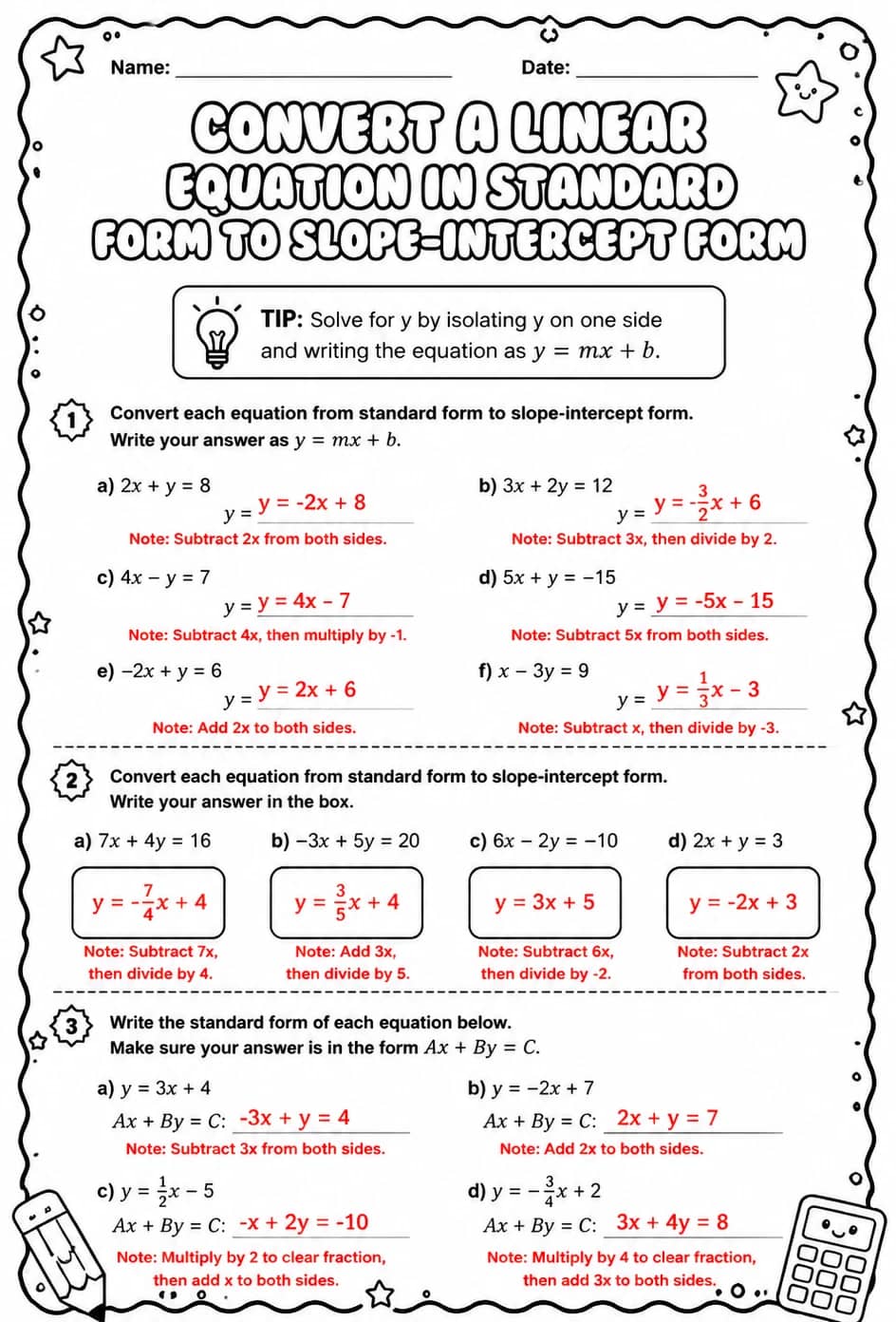 Answer key for Convert a linear equation in standard form to slope-intercept form — free printable Math worksheet